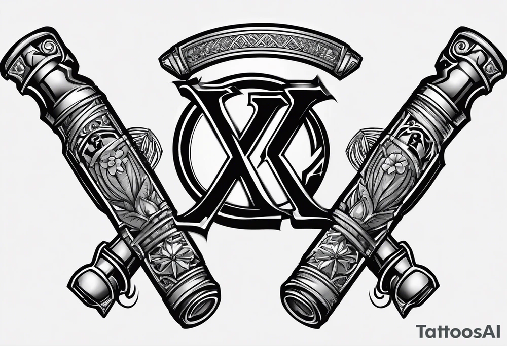 Two lightsaber hilts overlapped as an "X" with the initials A, J, L and N surrounding the empty spaces. tattoo idea