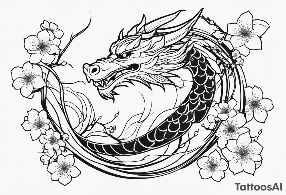 dragon, japanese, female, cherry blossoms, vines, elegant, minimalist, sleek tattoo idea