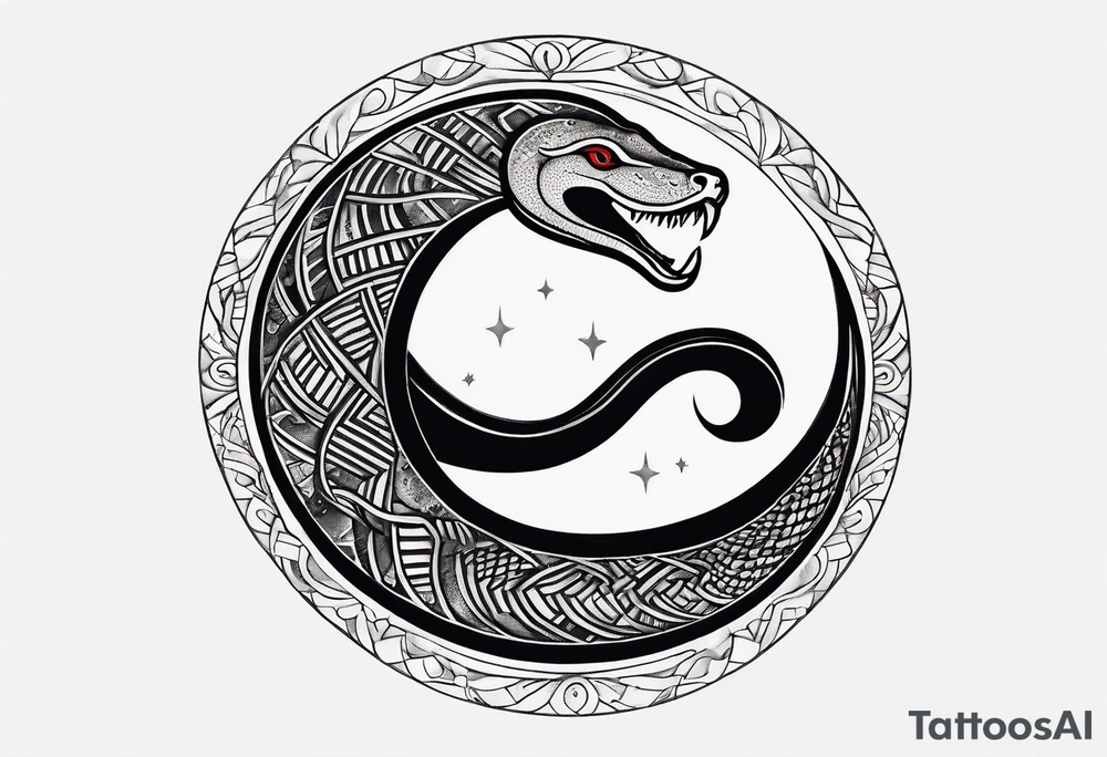 A snake wrapped around a crescent moon, which is connected to the sun which has a cardinal in it, minimalistic tattoo idea