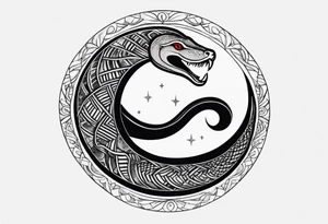 A snake wrapped around a crescent moon, which is connected to the sun which has a cardinal in it, minimalistic tattoo idea