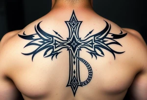 A cross slaying the snake tattoo idea