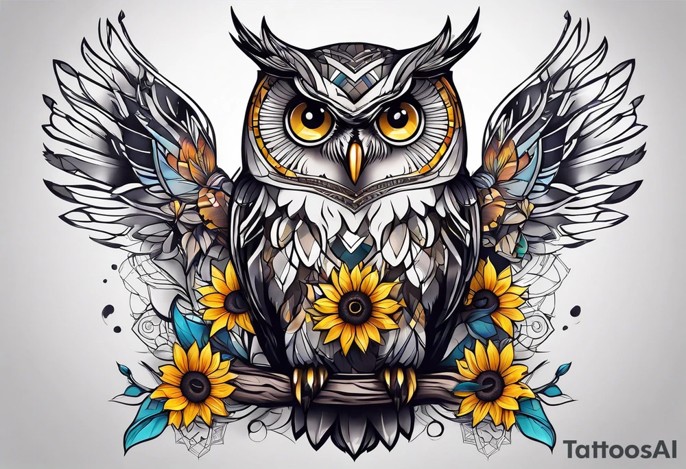 Owl and sunflower sleeve tattoo idea