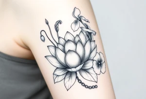 Lotus surrounded by Lilly of the valley on left side iris above and morning glory flowers to the right side. A heart chain and chain link weaved through whole tattoo tattoo idea