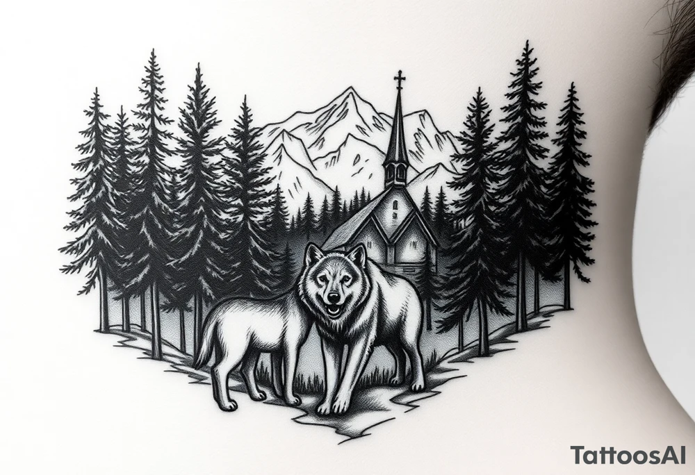 Nature/Landscape

Wolves in a pine forest (extending the tree line you already have)
A Russian bear emerging from the treeline
Snow-capped mountains behind the church scene tattoo idea