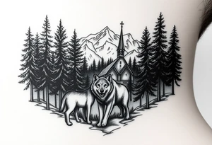 Nature/Landscape

Wolves in a pine forest (extending the tree line you already have)
A Russian bear emerging from the treeline
Snow-capped mountains behind the church scene tattoo idea