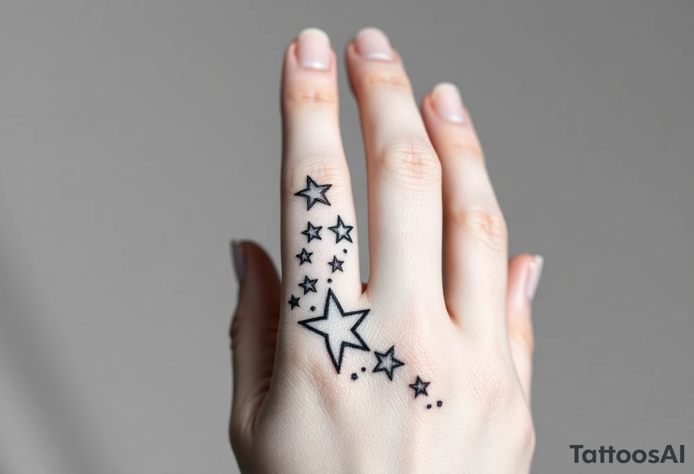 tattoo on back of hand and around fingers that includes stars and had a cool design made of lines tattoo idea