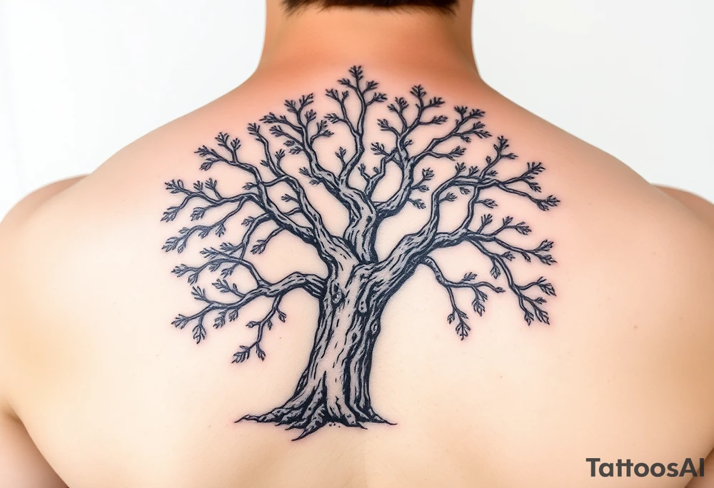 Live oak Tree with bark and leaves tattoo idea