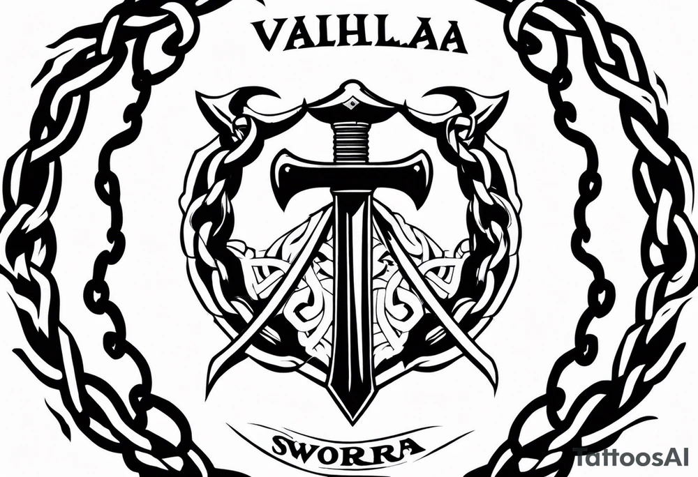 Valhalla sword round shield axe barbed wire chains tattoo idea
