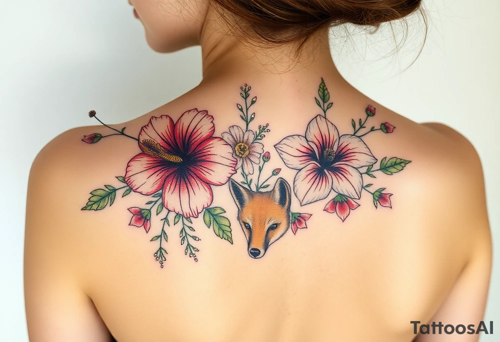 vintage bouquet of wild hibiscus
 and meadow flowers with morning dew and a fox tattoo idea