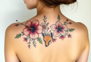 vintage bouquet of wild hibiscus
 and meadow flowers with morning dew and a fox tattoo idea
