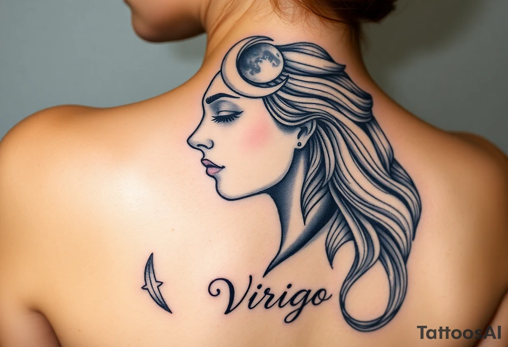 A detailed profile of a serene goddess with a crescent moon on her forehead, with silver and deep navy shading and the word virgo tattoo idea
