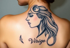 A detailed profile of a serene goddess with a crescent moon on her forehead, with silver and deep navy shading and the word virgo tattoo idea