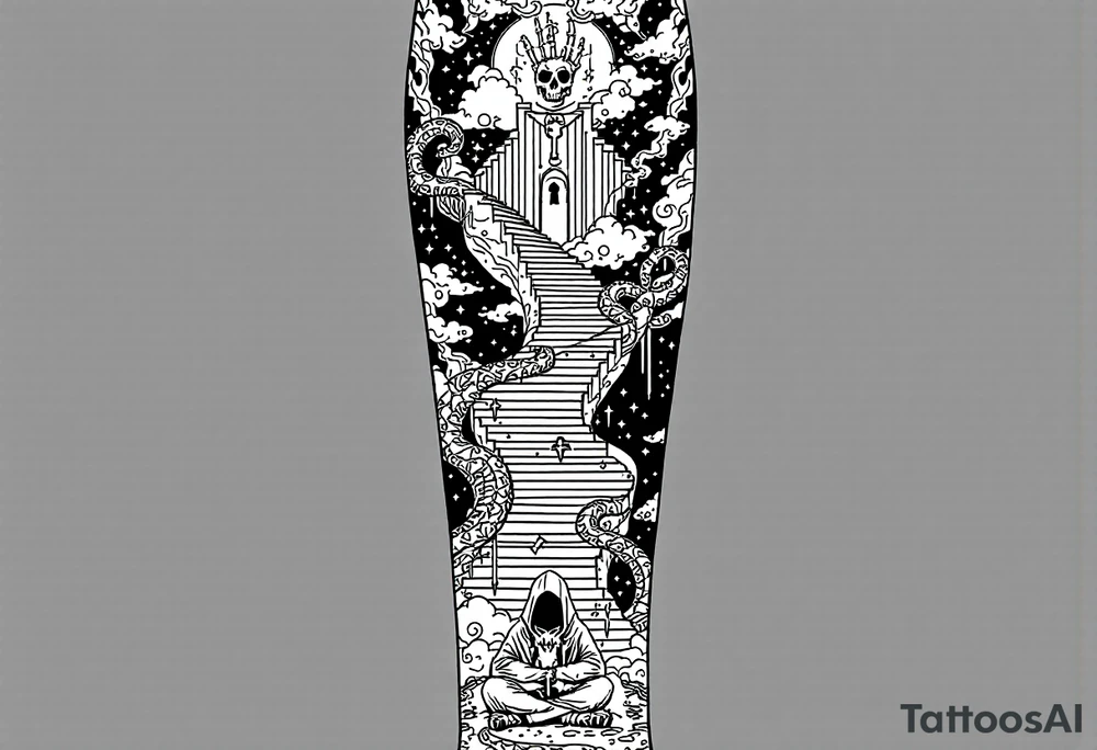 Here’s a refined AI image generation prompt you can use with another AI art generator like Midjourney, Leonardo.Ai, or Stable Diffusion:

Prompt:
“Black and grey fine-line tattoo design for a full right calf sleeve (ankle to knee). A surreal and symbolic composition featuring:
	•	A skeletal hand gripping a rusted key, symbolizing patience and endurance.
	•	A winding, endless staircase beginning at the ankle, twisting upward, gradually morphing into soft clouds or a celestial gateway near the knee, representing struggle and eventual relief.
	•	A faceless, hooded figure sitting cross-legged in front of a mysterious door with no handle, only a keyhole, embodying patience and waiting for the right moment.
	•	A snake wrapped around the staircase, shedding its skin mid-motion, symbolizing transformation and renewal.
	•	Intricate fine-line detailing with subtle shading and negative space to enhance depth, keeping the design elegant and intricate.
	•	The overall tattoo flows vertically, following the natural curvature of the calf, ensuring seamless anatomical integration.” tattoo idea
