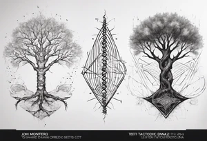 Tree with no leaves with it's main trunk main of DNA with geometic work on sides tattoo idea