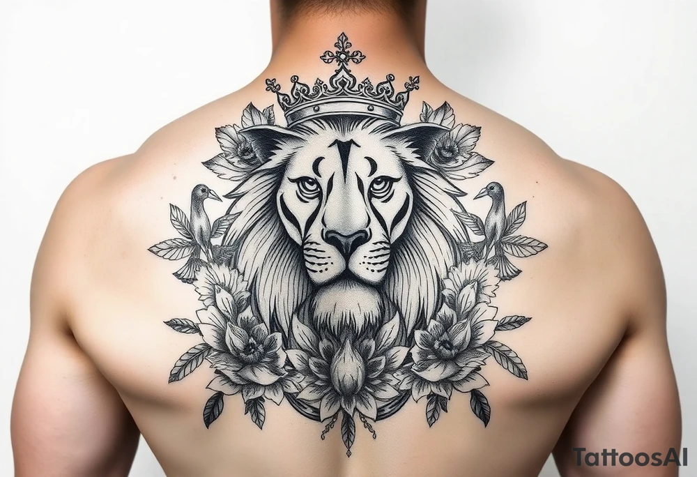 powerful majestic lion with a crown, surrounded by floral ornaments and birds tattoo idea