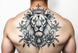 powerful majestic lion with a crown, surrounded by floral ornaments and birds tattoo idea