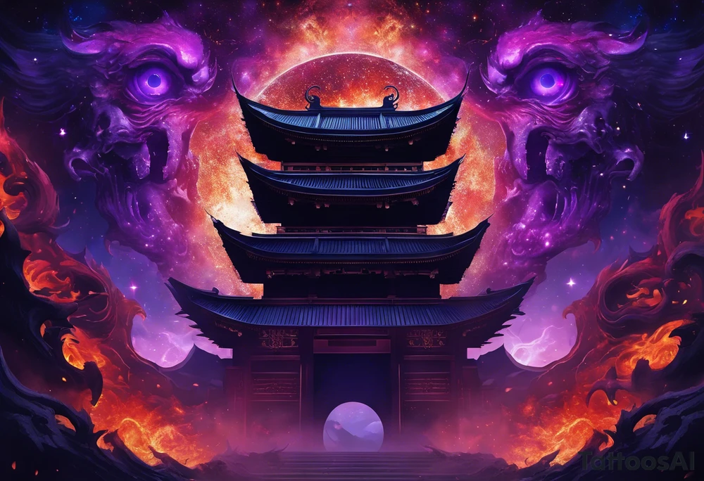torii gate in biomechanical style in background.

Dominant demonic figure, formidable face with royal king features, has a evil grin and a bit of open mouth with glimpse of devil fang teeth, similar to skull features, framed by deep-set glowing galaxy eyes, head has prominent purple deep blue flames (Not standalone horns) with intricate recognizable swirling galaxy shaped textures with fiery peacock blue green turquoise colour highlights. 

face has peacock feather texture. face is 85%, gate is 15%. 

face has braids hanging with feathers at end. tattoo idea