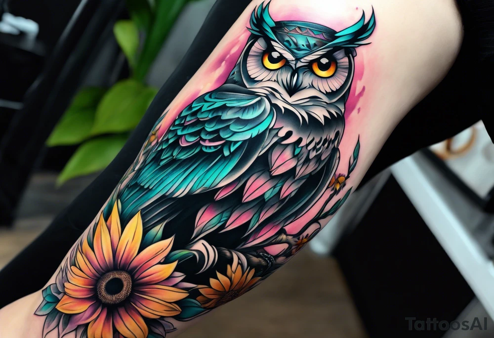 Leg Sleeve with black and white owl that's lightly shaded teal, pink and purple and yellow sunflowers tattoo idea