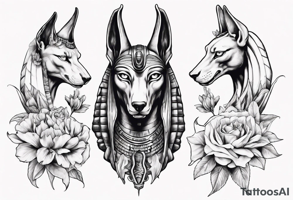 Egyptian god Anubis with Cobras and flowers tattoo idea