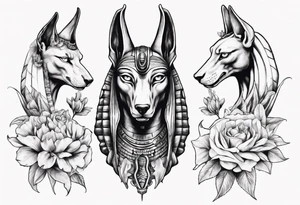 Egyptian god Anubis with Cobras and flowers tattoo idea