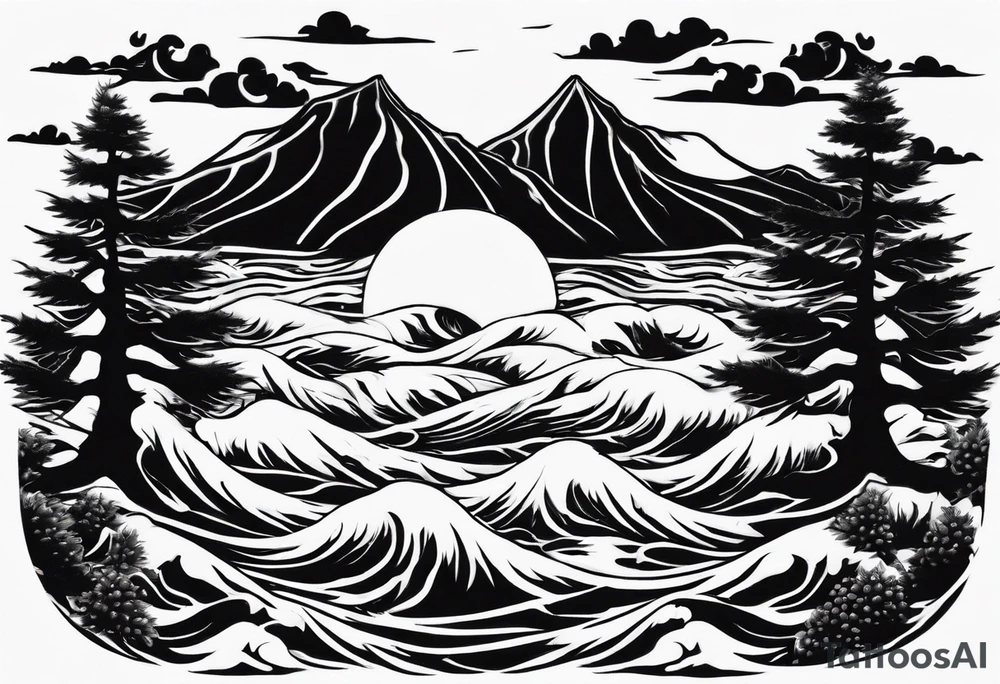 daytime yin with sun and ocean waves imagery in style of Hokusai with night time yin with moon and fir trees and mountains. edges should be blurred tattoo idea