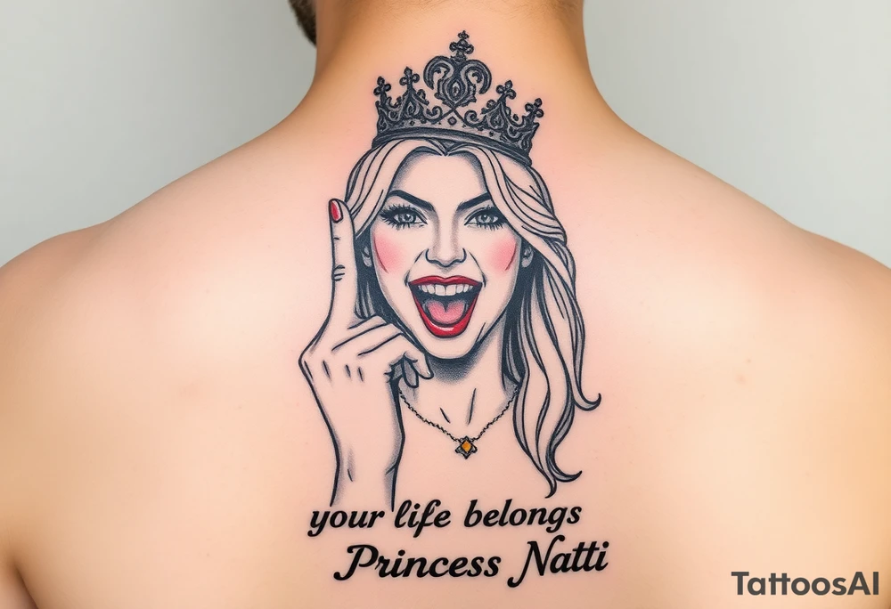 powerful blond findomme princess with crown on, holding up her middle finger laughing at you for being pathetic with caption “your life belongs to Princess Natti” tattoo idea