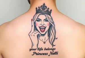 powerful blond findomme princess with crown on, holding up her middle finger laughing at you for being pathetic with caption “your life belongs to Princess Natti” tattoo idea