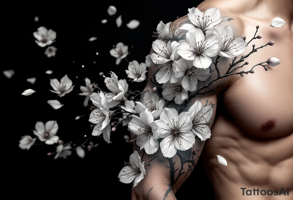 delicate cherry blossoms swirling in spring breeze with petals tattoo idea