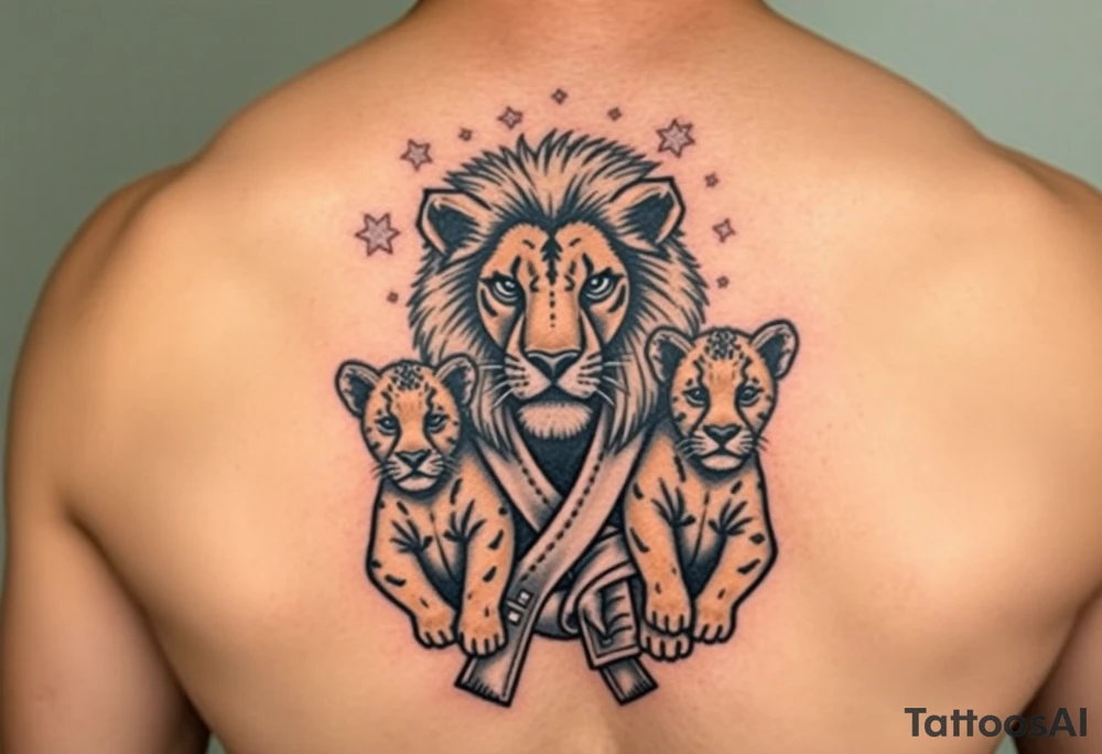 Lion wearing a Brazilian jiu jitsu gi as a person would along side his two cubs who are wearing the jiu jitsu gi as well. The surrounding area is africa tattoo idea