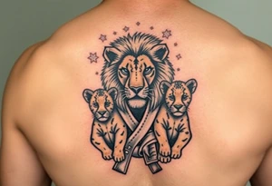 Lion wearing a Brazilian jiu jitsu gi as a person would along side his two cubs who are wearing the jiu jitsu gi as well. The surrounding area is africa tattoo idea