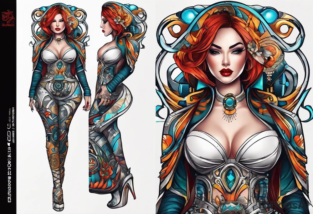 buxom model with full body, retro futuristic, travel and movies tattoo idea