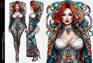 buxom model with full body, retro futuristic, travel and movies tattoo idea