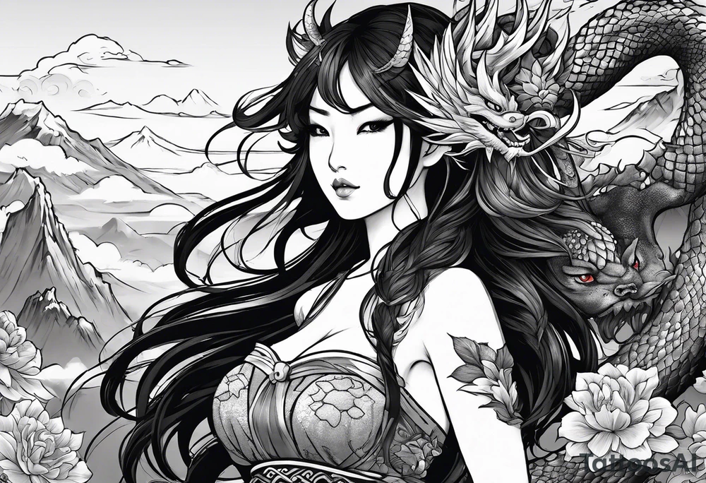 warrior fairy nymph full body with sword and a full dragon with a mountain with cloud and Japanese building background tattoo idea