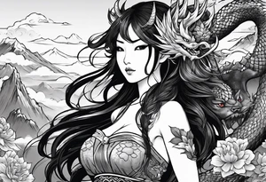 warrior fairy nymph full body with sword and a full dragon with a mountain with cloud and Japanese building background tattoo idea