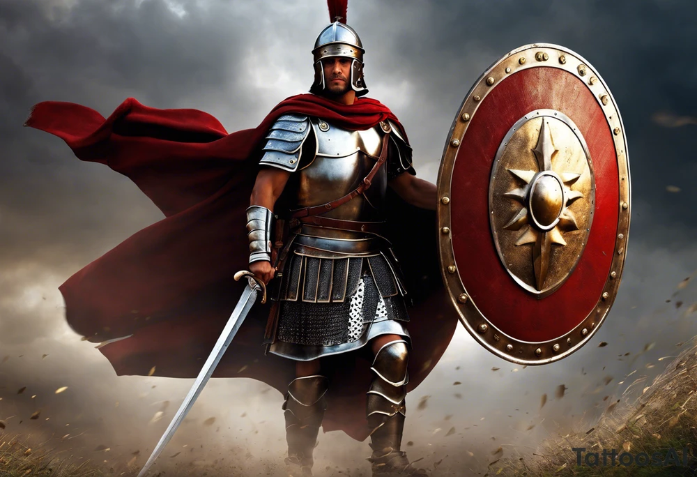 a high ranking roman soldier from AD 60, wearing armor which must include an armoured belt, breastplate, armoured shoes, shield, helmet and sword.
the soldier must look strong. the soldier is faceless. The image must include the full person, not just the top half. The soldier is mid-battle, fending off flaming arrows with his shield tattoo idea