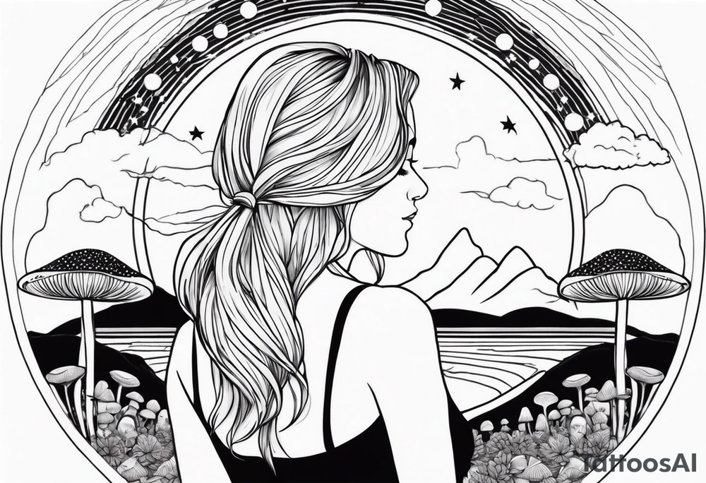 Straight blonde hair girl meditating facing away toward mountains surrounded by mushrooms crescent moon mandala circular design black and white striped dress tattoo idea