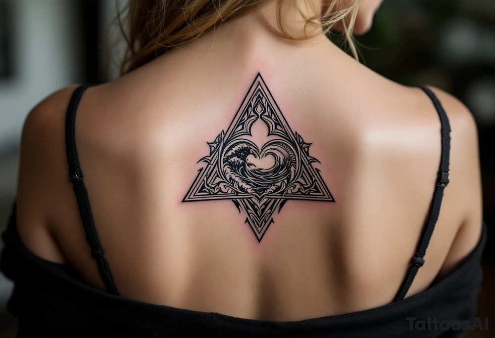 A triangle with a big heart in the center with an ocean theme tattoo idea