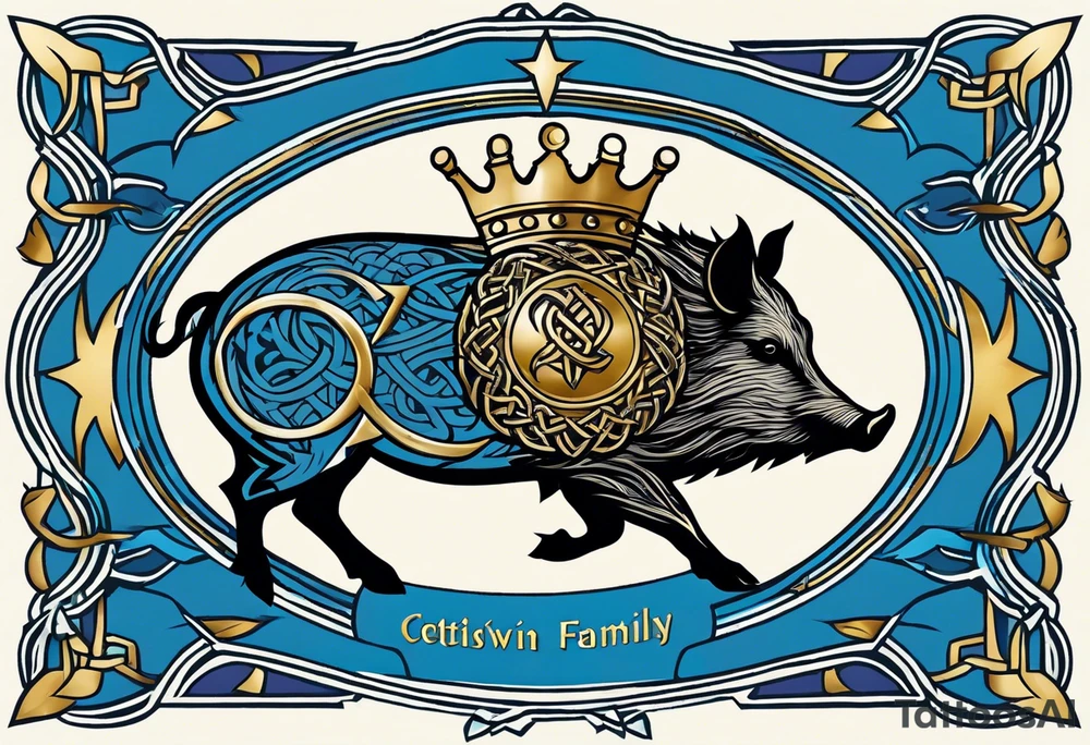 Side profile, Celtic, tribal, wild boar, On a Chatwin family crest with blue background, two gold stars, and a gold Chevron, and a Thistle tattoo idea