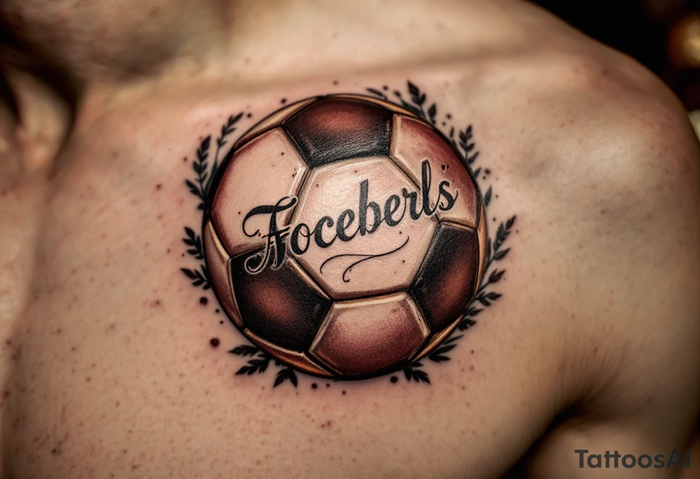 A vintage-style soccer ball shaded in sepia and brown tones with cursive lettering. tattoo idea