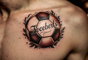 A vintage-style soccer ball shaded in sepia and brown tones with cursive lettering. tattoo idea