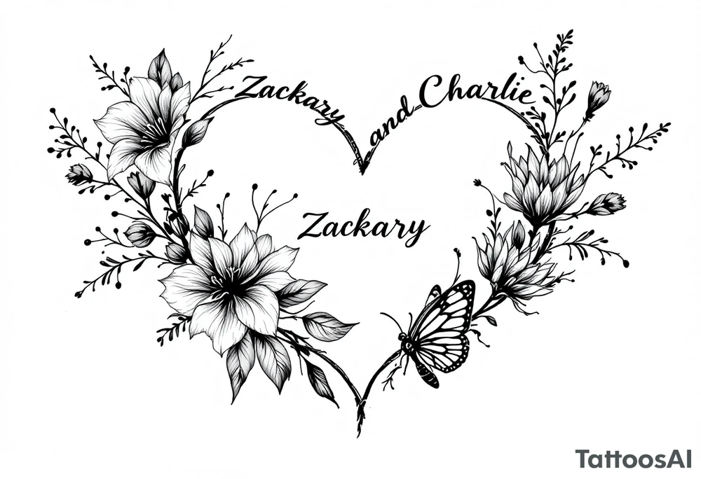 Flowers, heart and buttherfly with name Zackary and Charlie tattoo idea