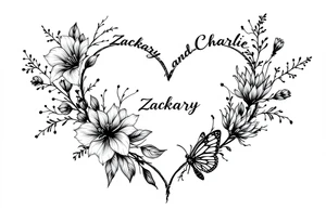 Flowers, heart and buttherfly with name Zackary and Charlie tattoo idea