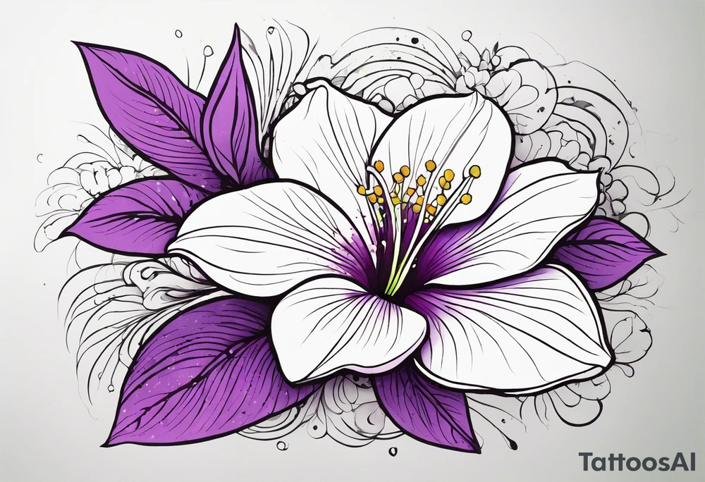 An outline of a rio dipladenia flower with a splatter green and purple background tattoo idea