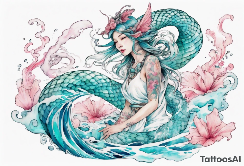 a beautiful turquoise and white and pink fairy serpent rising from the blue waves of the ocean tattoo idea