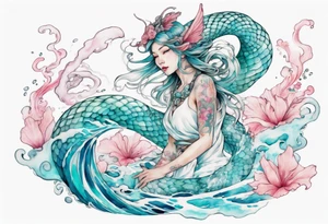 a beautiful turquoise and white and pink fairy serpent rising from the blue waves of the ocean tattoo idea