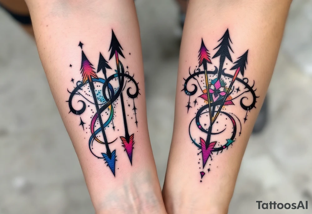Tribal-style arrows in black with colored tips on the forearms on each partners point toward your shared journey. tattoo idea