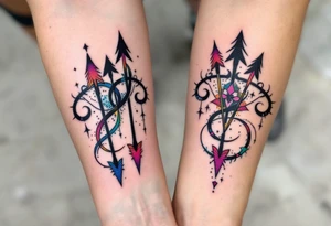 Tribal-style arrows in black with colored tips on the forearms on each partners point toward your shared journey. tattoo idea