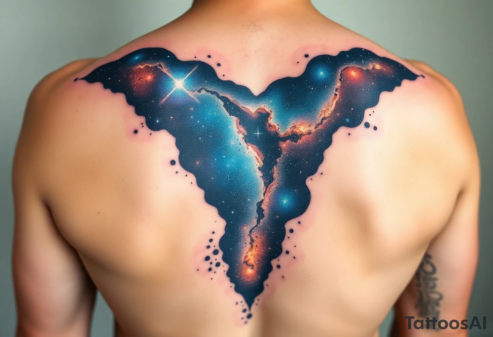 Beautiful and epic 3d milky way that appears to be what is beneath the skin. Make it drape over the shoulder and move to the middle back. use negative spaces to create stars and dust. Incorporate God breathing life into the universe. IKeep it symmetrical tattoo idea