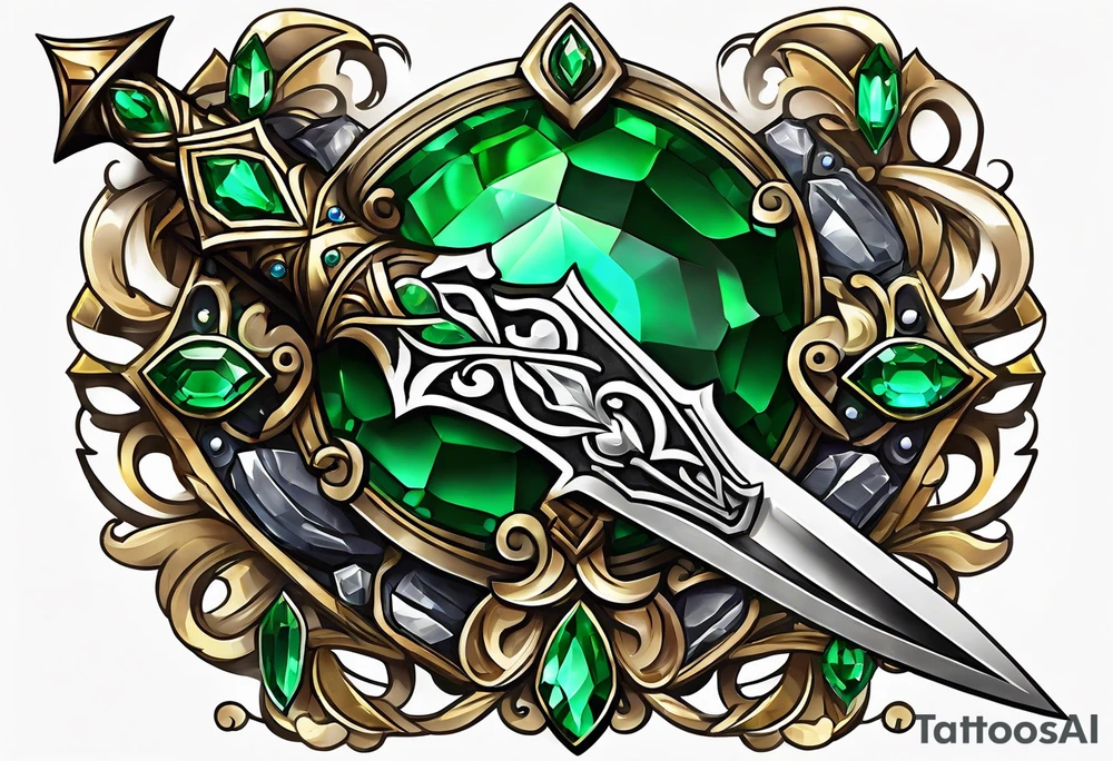 An athame dagger with the hilt turned upward and emerald gemstones tattoo idea