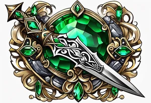 An athame dagger with the hilt turned upward and emerald gemstones tattoo idea